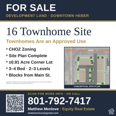 Real Estate Listing. Displaying development land details for a 16-townhome site, including zoning, acreage, and a conceptual site plan