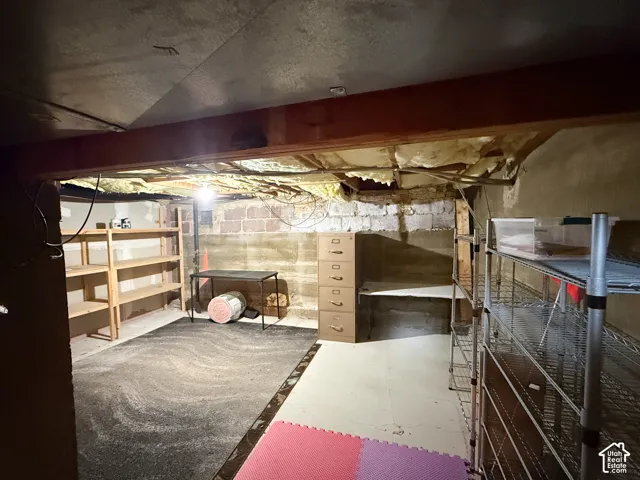 Storage area featuring exposed ceiling joists, masonry block walls, and concrete flooring