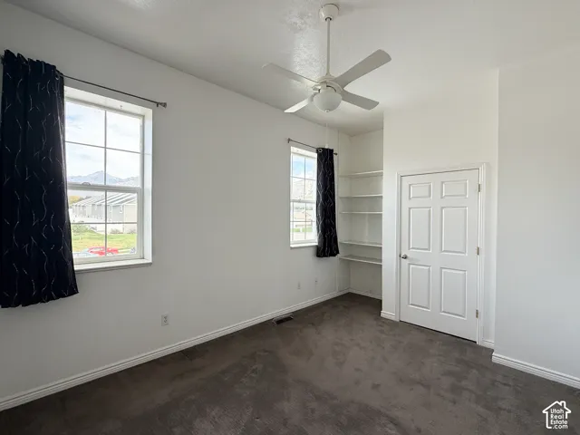 Room featuring dual-pane windows, carpeted flooring, built-in shelving, and a ceiling-mounted light fixture with fan