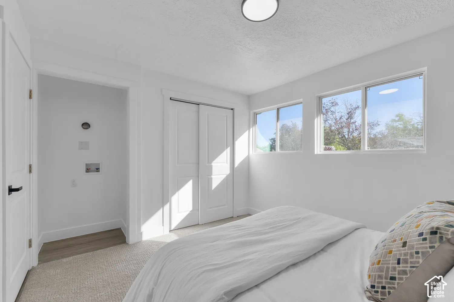 Bedroom featuring neutral carpeting, dual sliding closet doors, a ceiling-mounted light fixture, and two horizontal windows