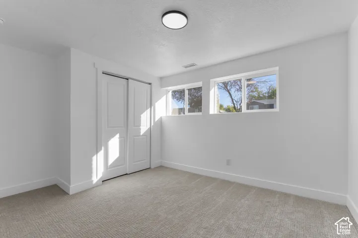 Neutral-toned carpeting, dual-pane windows, and a sliding door closet featuring a multi-panel design, illuminated by a ceiling-mounted flush light fixture