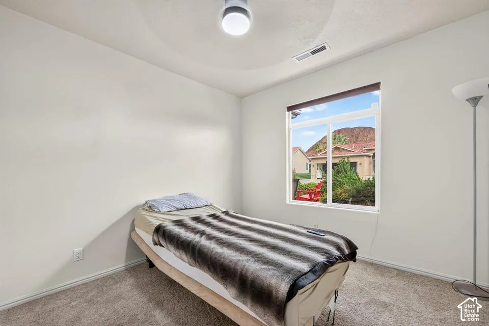 Interior space featuring neutral-toned carpeting, a large sliding window with a mountain backdrop, and a ceiling-mounted light fixture