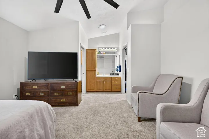 Vaulted ceiling with integrated black ceiling fan, neutral carpeting, and built-in wood cabinetry featuring a mirror-fronted vanity