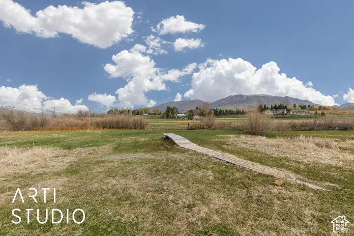 Expansive parcel featuring open meadow terrain, a wooden boardwalk, and mountain backdrop