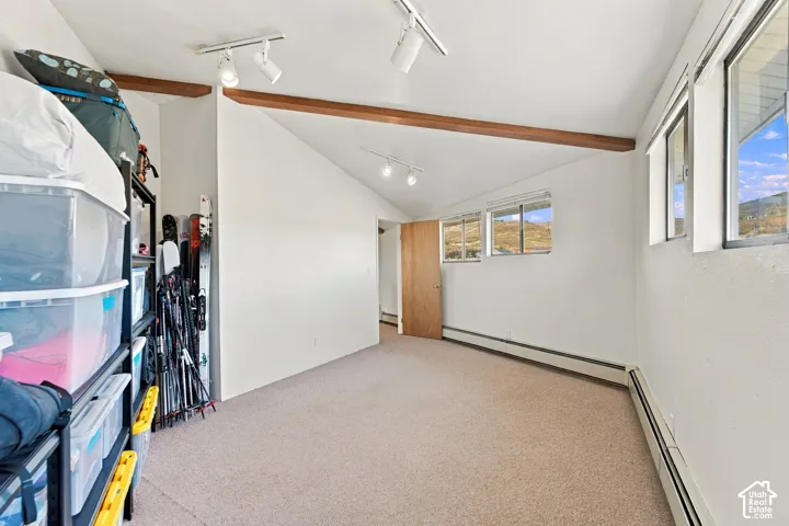 Vaulted ceilings with exposed wooden beams, track lighting, neutral carpeting, and multi-pane windows