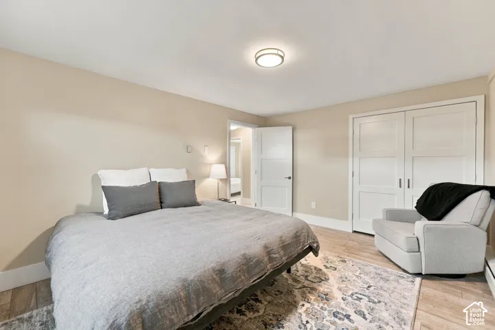 Wood-finish flooring, white three-panel interior doors, and double-door closet cabinetry
