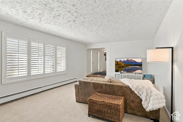 Living area featuring large windows with white plantation shutters, neutral carpeting, and a textured ceiling