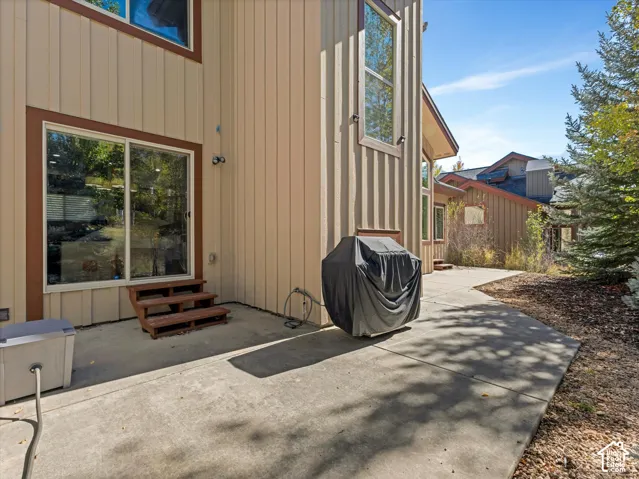 Concrete patio with two-tier wood step exterior access, vertical wood siding, and large sliding glass door