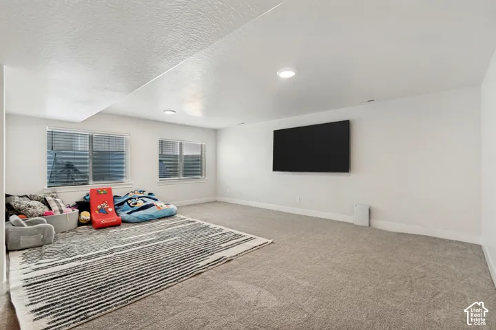 Spacious room featuring neutral carpeting, white walls, recessed lighting, and two windows