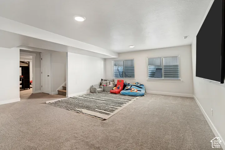 Recessed ceiling lighting, two windows with blinds, light-toned carpeting, and a built-in wall-mounted screen
