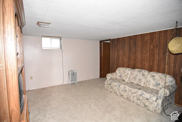 Interior space featuring wood-toned wall paneling, carpeted flooring, a recessed ceiling fixture, and a built-in wooden cabinetry unit