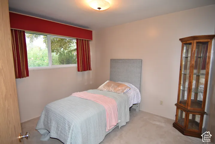 Bedroom #2 interior featuring neutral wall paint, carpeted flooring, a sliding glass window, and a ceiling-mounted light fixture