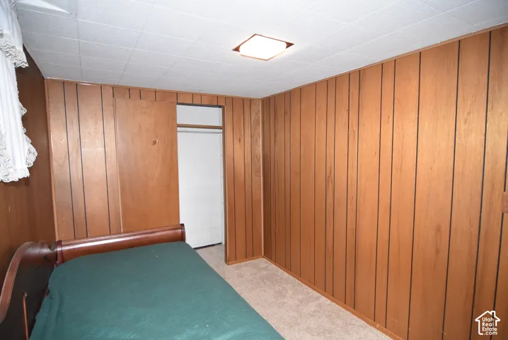Bedroom #3 Interior space featuring wood-paneled walls, carpeted flooring, and a ceiling-mounted light fixture