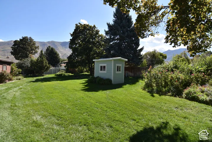 Expansive backyard featuring a manicured lawn, detached storage structure, mature trees, and mountain backdrop