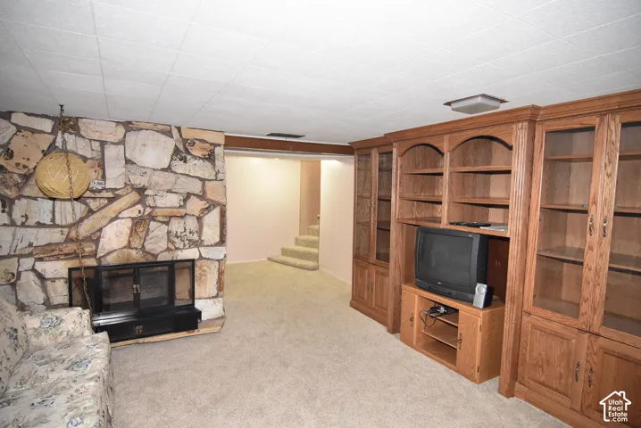 Floor-to-ceiling stone fireplace with black metal enclosure, extensive built-in wood cabinetry with glass-front display shelving, and wall-to-wall carpeting