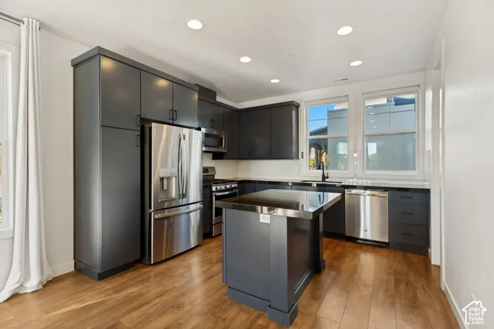 Kitchen featuring dark cabinetry, a central island, stainless steel appliances, stone countertops, and wood-finish flooring