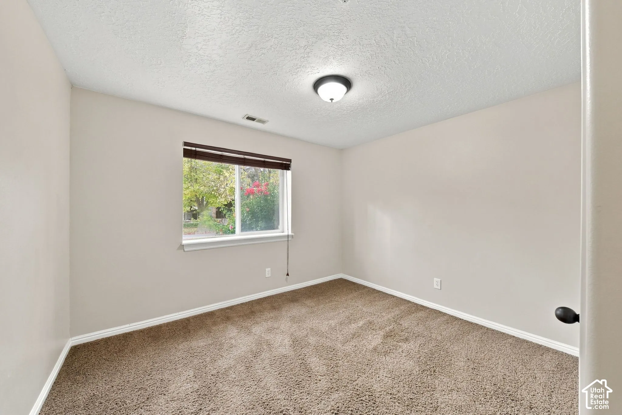 Neutral-toned interior space featuring wall-to-wall carpeting, a sliding window with a horizontal blind, and a flush-mount ceiling light fixture