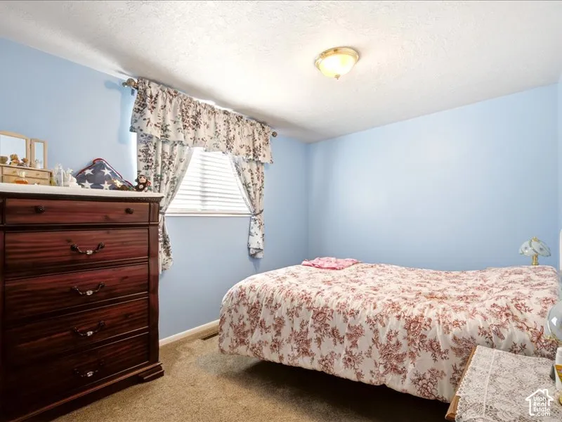 Neutral-toned wall-to-wall carpeting, horizontal window blinds, and a flush-mount ceiling light fixture