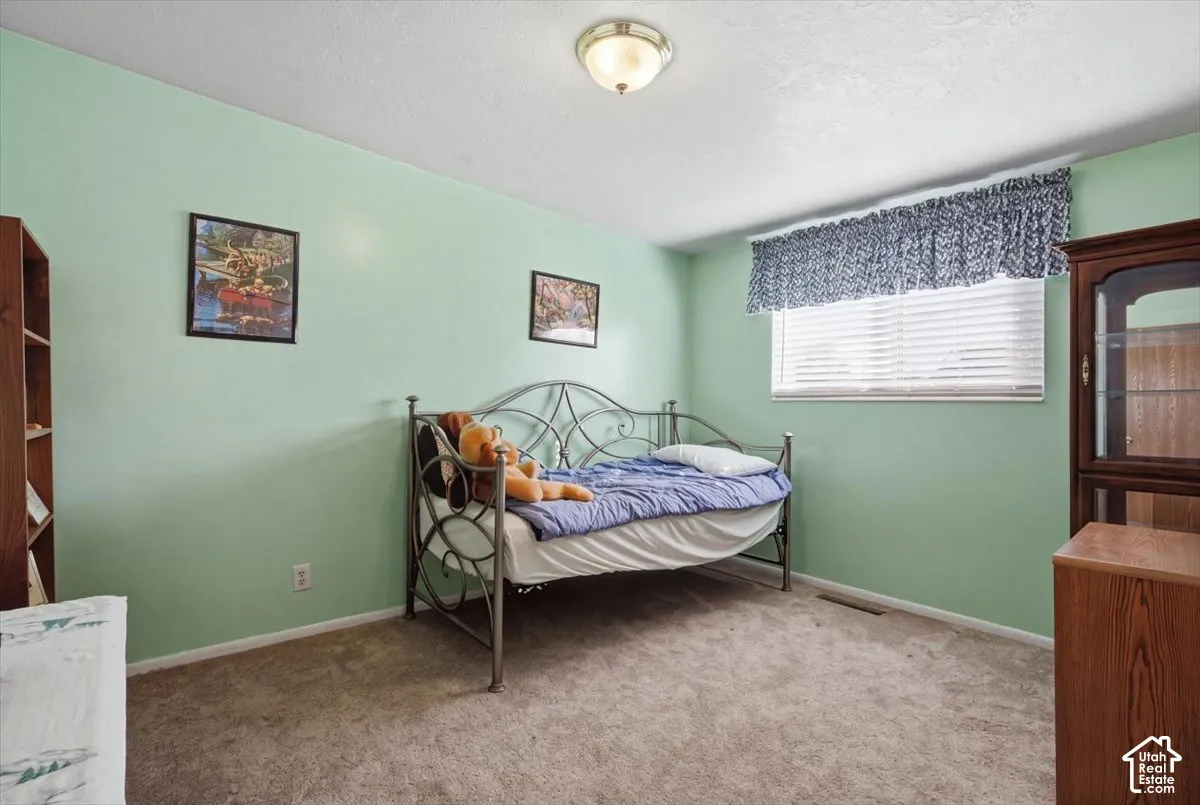 Neutral-toned carpeting, flush-mount ceiling lighting, and a window featuring horizontal blinds