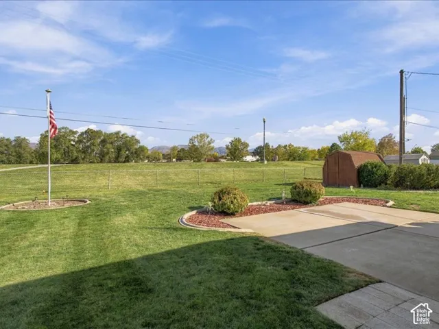 Expansive backyard featuring a concrete patio, perimeter chain-link fencing, mature landscaping, and an external storage shed