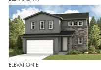 Two-story exterior featuring a stone veneer facade, stucco siding, a multi-paneled garage door, and a gabled roof