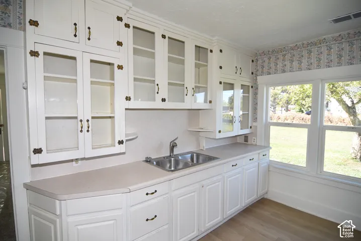 White shaker-style cabinetry with glass-panel doors, neutral solid-surface countertops, dual-basin stainless steel sink with a high-arch faucet, and wood-finish flooring