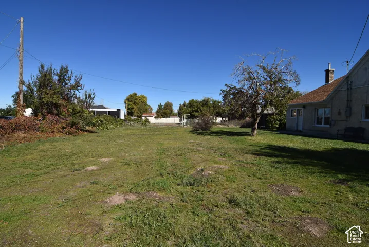 Expansive backyard featuring an open grass lawn, mature trees, and a masonry chimney exterior