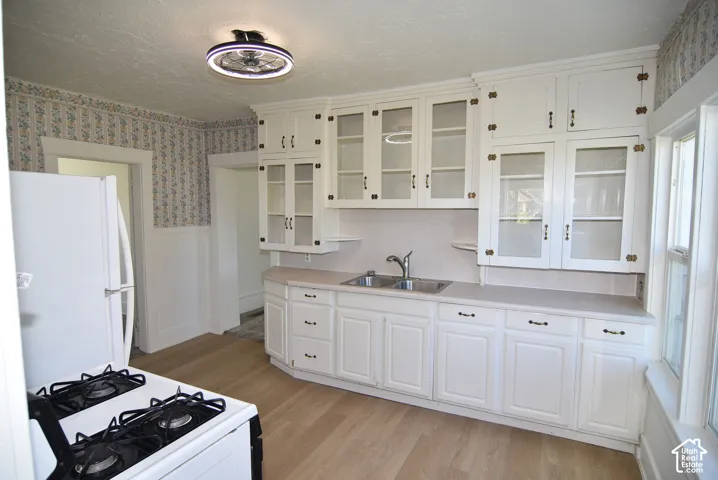 White cabinetry featuring glass-panel upper doors, expansive solid-surface countertops, dual-basin stainless steel sink, and wood-finish flooring