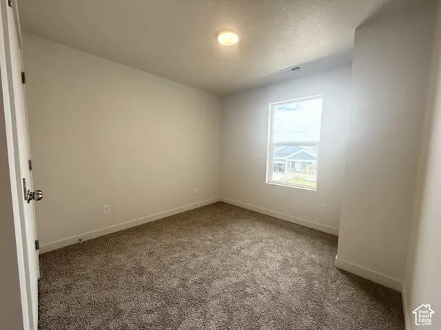 Neutral-toned carpeted flooring, single-pane window, and flush-mount ceiling lighting