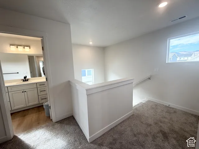 Neutral carpeted flooring, recessed lighting, white cabinetry with a rectangular under-mount sink, and windows with natural illumination