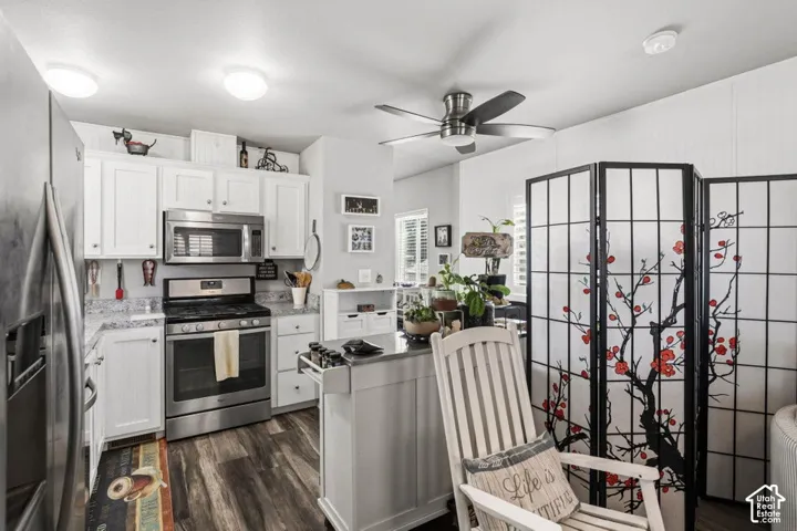 Kitchen featuring white cabinetry, stone-surface countertops, stainless steel appliances, and wood-finish flooring