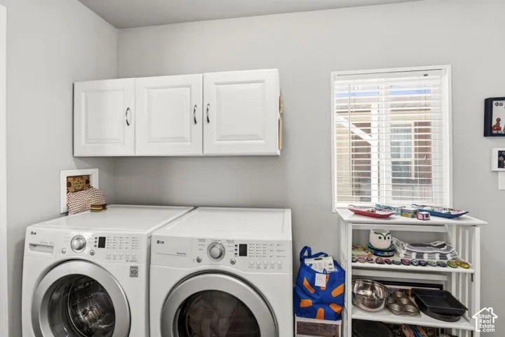 Laundry room featuring white wall-mounted cabinetry and a window with horizontal blinds