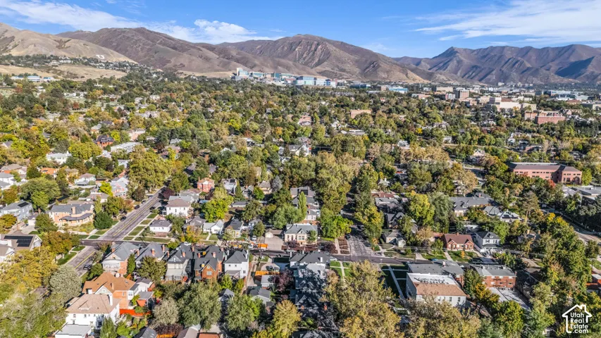 Aerial perspective featuring a neighborhood with mature deciduous trees and a prominent mountain range backdrop
