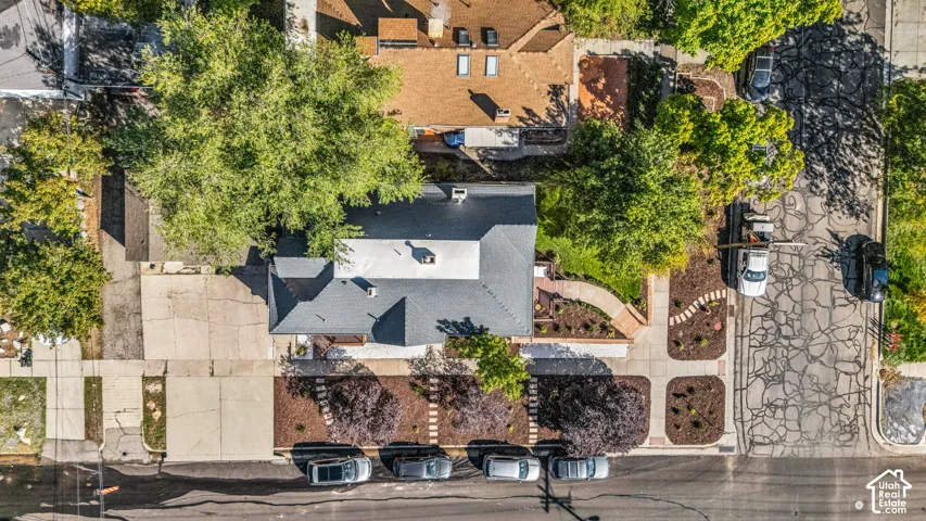 Aerial perspective of a property featuring a dark shingle roof, a concrete driveway, a paved walkway, and mulched landscaping with established trees
