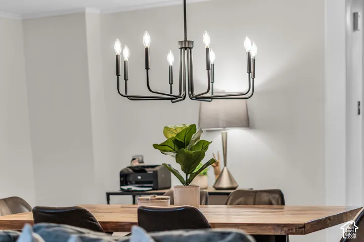 Eight-arm matte black candelabra-style chandelier featuring exposed bulb sockets and a minimalist frame