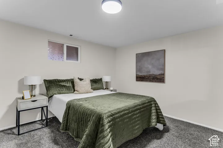 Neutral interior space featuring high-pile carpeting, smooth-finish walls, a slider window with obscured glass, and a flush-mount circular ceiling light