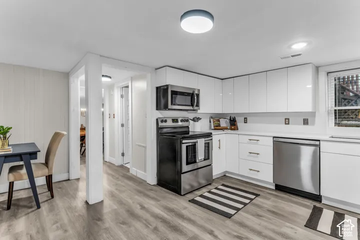 Kitchen featuring white flat-panel cabinetry, stainless steel appliances, wood-finish flooring, and recessed ceiling lighting