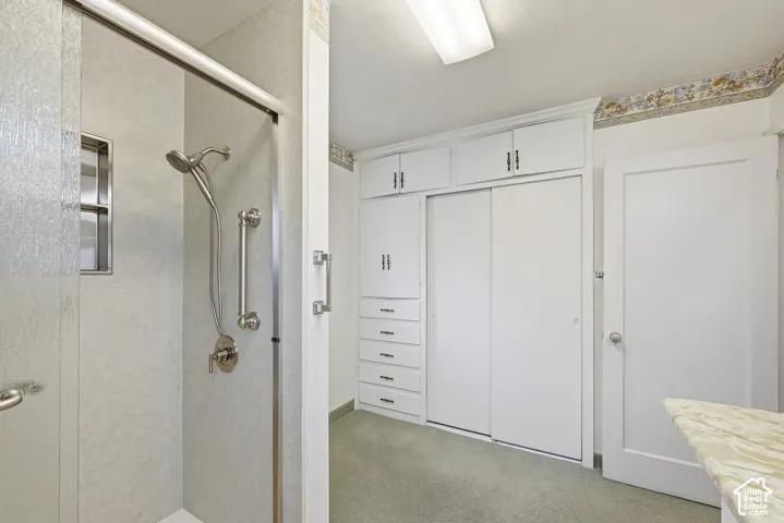 Walk-in shower with a handheld showerhead and built-in recessed shelving, complemented by extensive floor-to-ceiling built-in cabinetry including drawers and sliding-door storage
