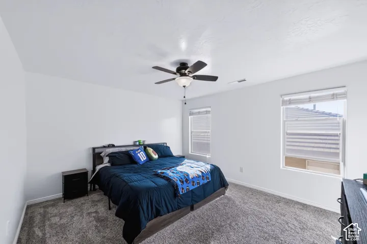 Neutral-toned carpeting, dual windows with fitted blinds, and a multi-blade ceiling fan with integrated light fixture
