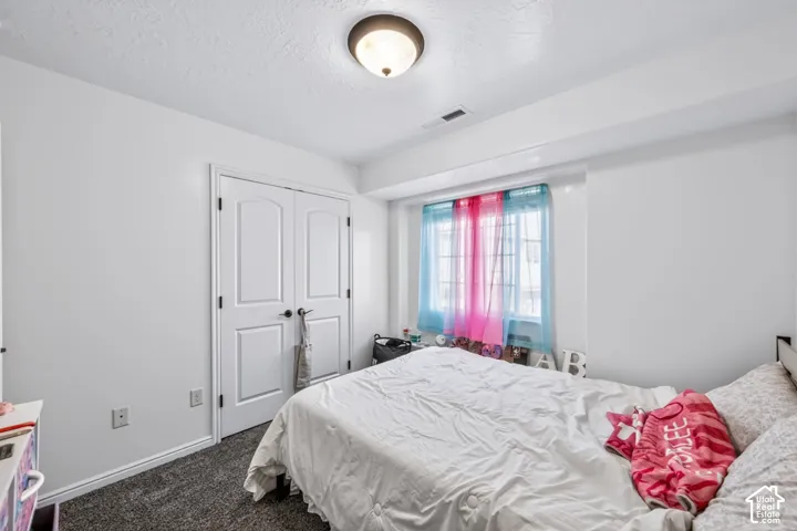 Interior space featuring plush carpeting, dual-panel closet doors, neutral walls, and a flush-mount ceiling light fixture