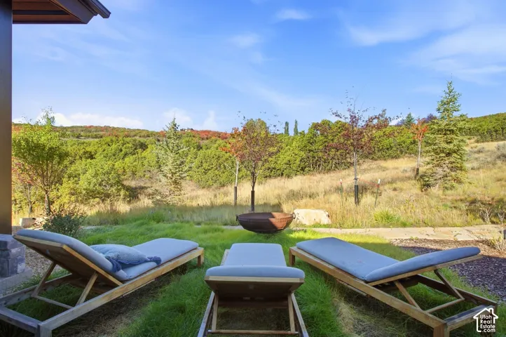 Rear grounds featuring an expansive lawn, stone hardscaping, a metal fire feature, and mature trees against a hillside landscape