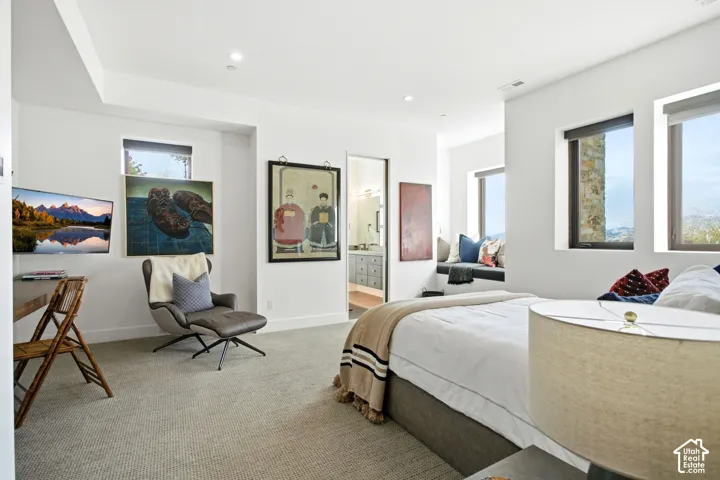 Neutral-toned carpeted flooring, built-in window seat, recessed lighting, and expansive windows