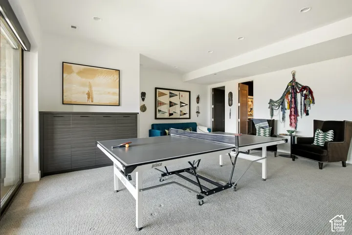 Interior space featuring carpeted flooring, recessed lighting, and custom dark-toned built-in cabinetry