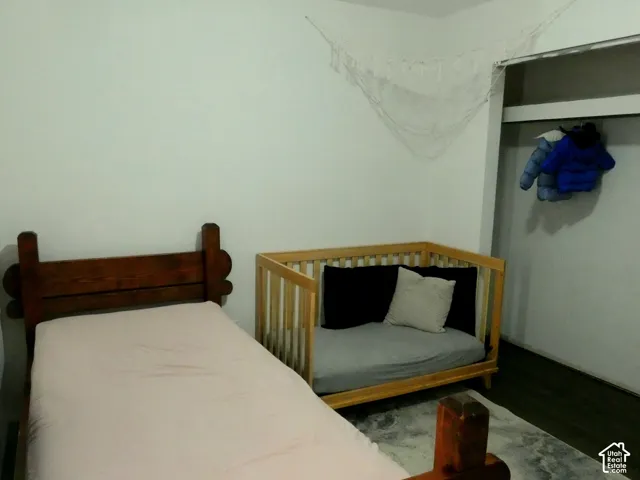 Room with wood-finish flooring and a built-in closet featuring a horizontal shelf and rod