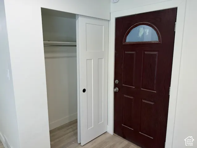 Dark-stained wood door featuring a semi-circular glass insert, paired with a white shaker-style sliding closet door and wood-finish flooring