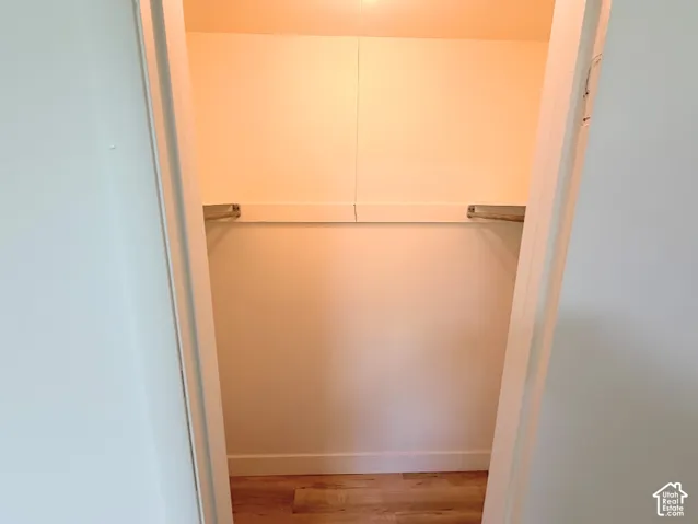 Reach-in closet featuring white interior walls, wood-finish flooring, and a horizontal hanging rod