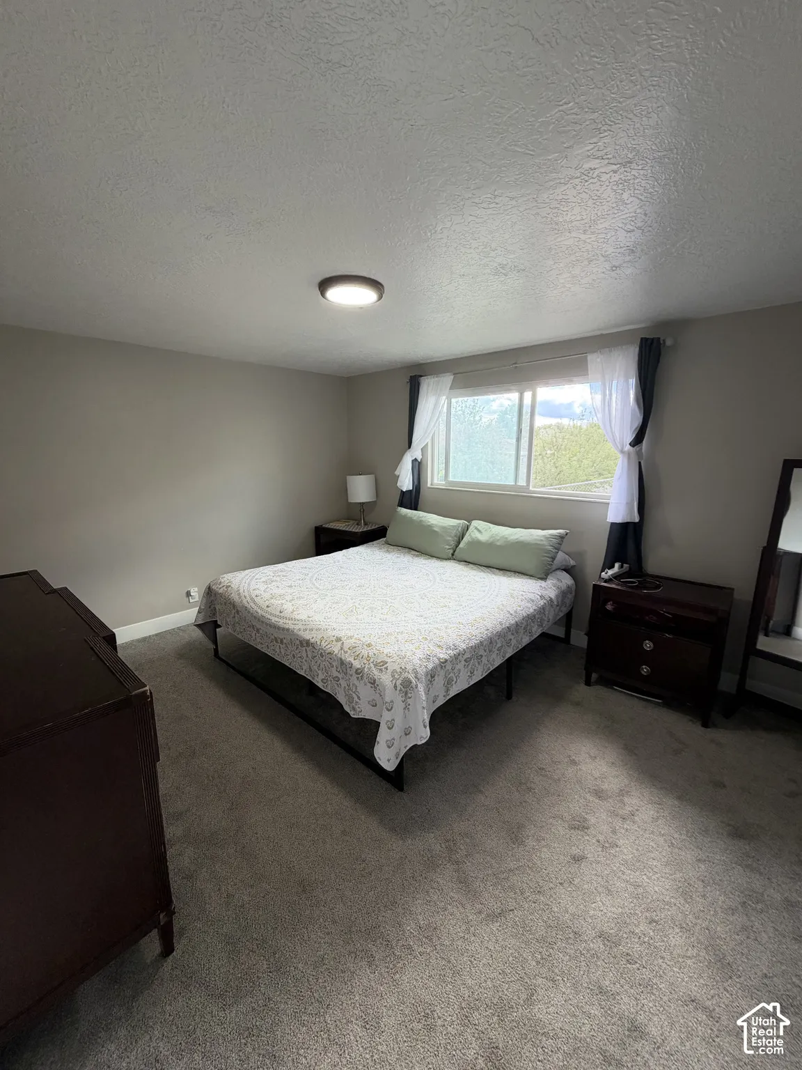 Neutral-toned walls, wall-to-wall carpeting, and a wide sliding window providing natural light