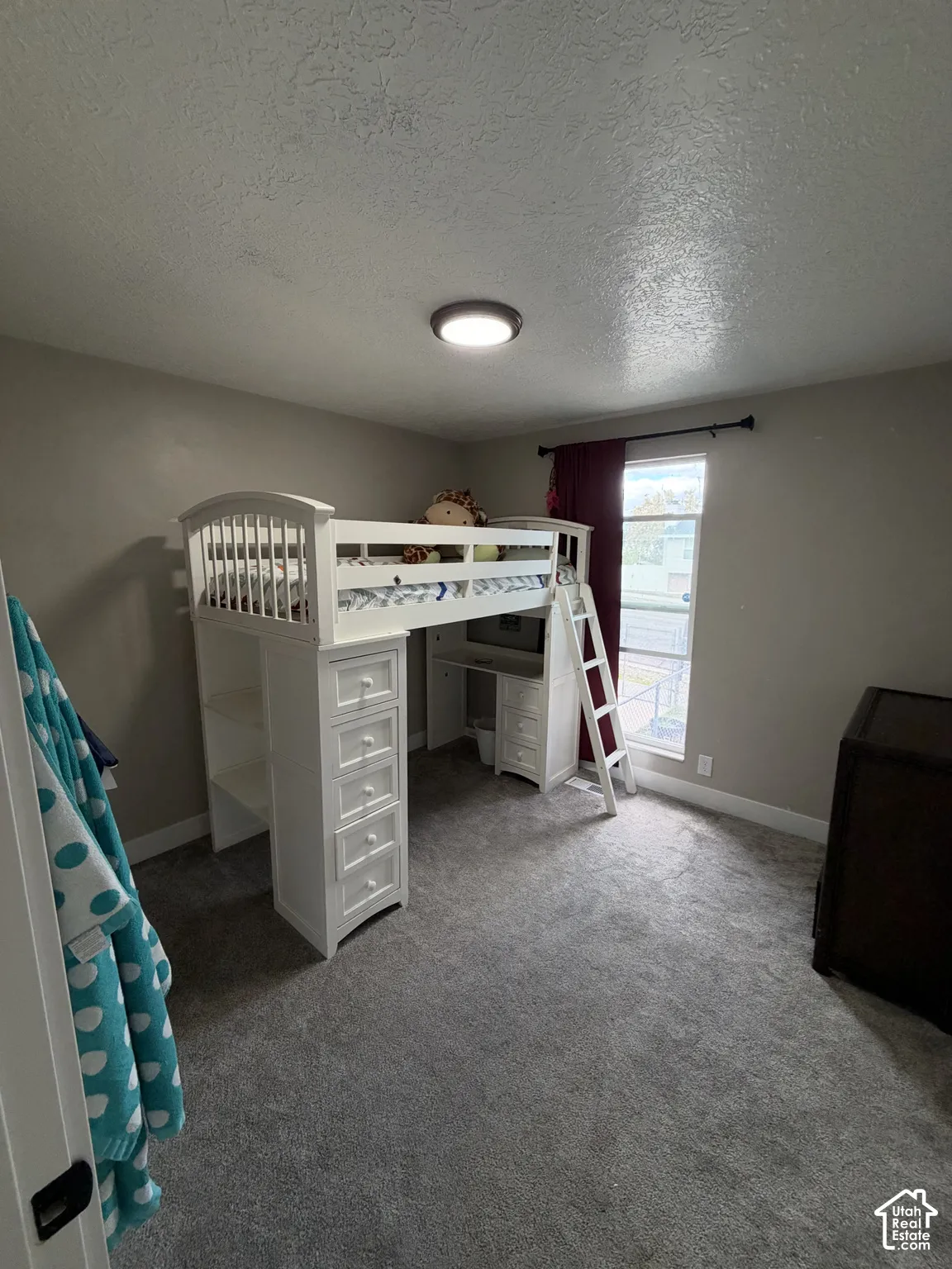 Neutral-toned interior featuring wall-to-wall carpeting, a vertically oriented window, and a ceiling-mounted flush light fixture