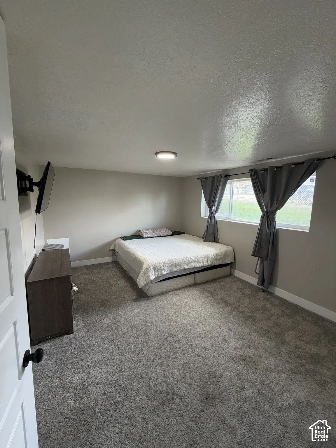Neutral interior space featuring wall-to-wall carpeting, a large sliding window, and a flush-mount ceiling light fixture