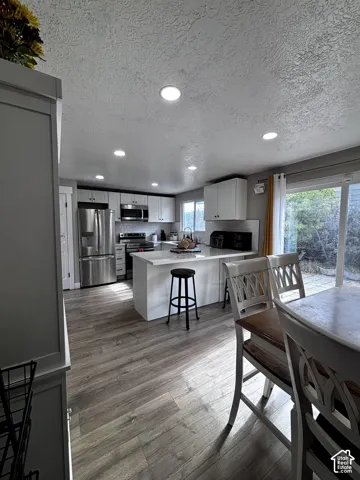 Kitchen featuring white cabinetry, quartz countertops, wood-finish flooring, recessed lighting, and stainless steel appliances